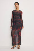 Luxury MESH RUCHED MAXI DRESS MOODY RED ROSES001