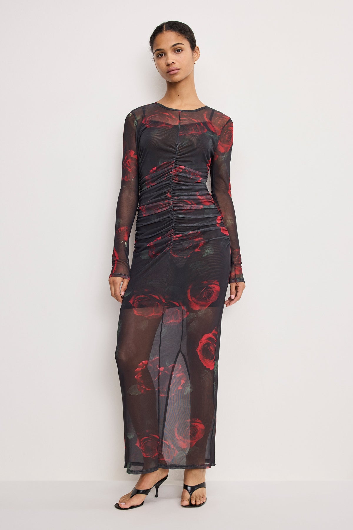 Luxury MESH RUCHED MAXI DRESS MOODY RED ROSES001