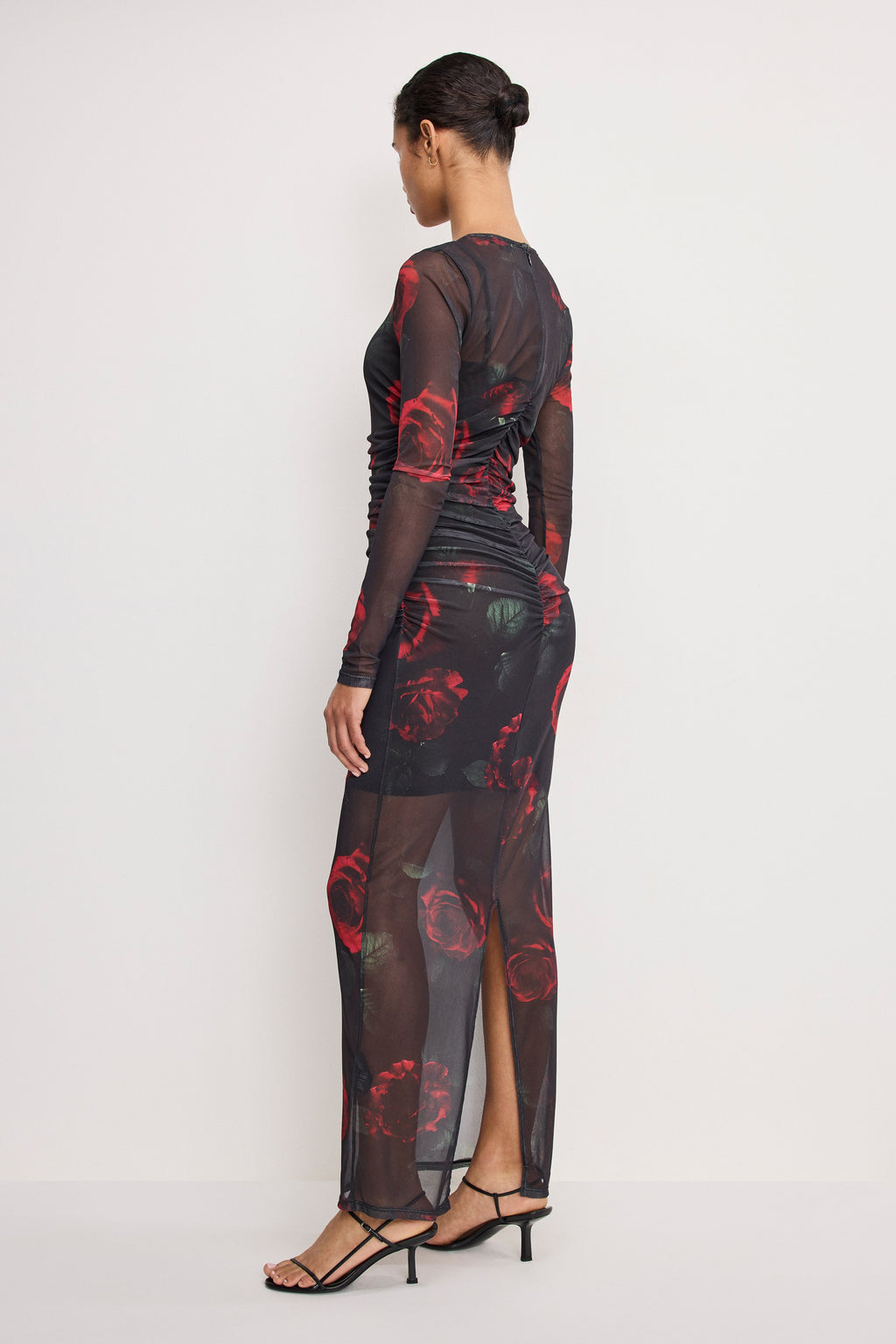 Luxury MESH RUCHED MAXI DRESS MOODY RED ROSES001