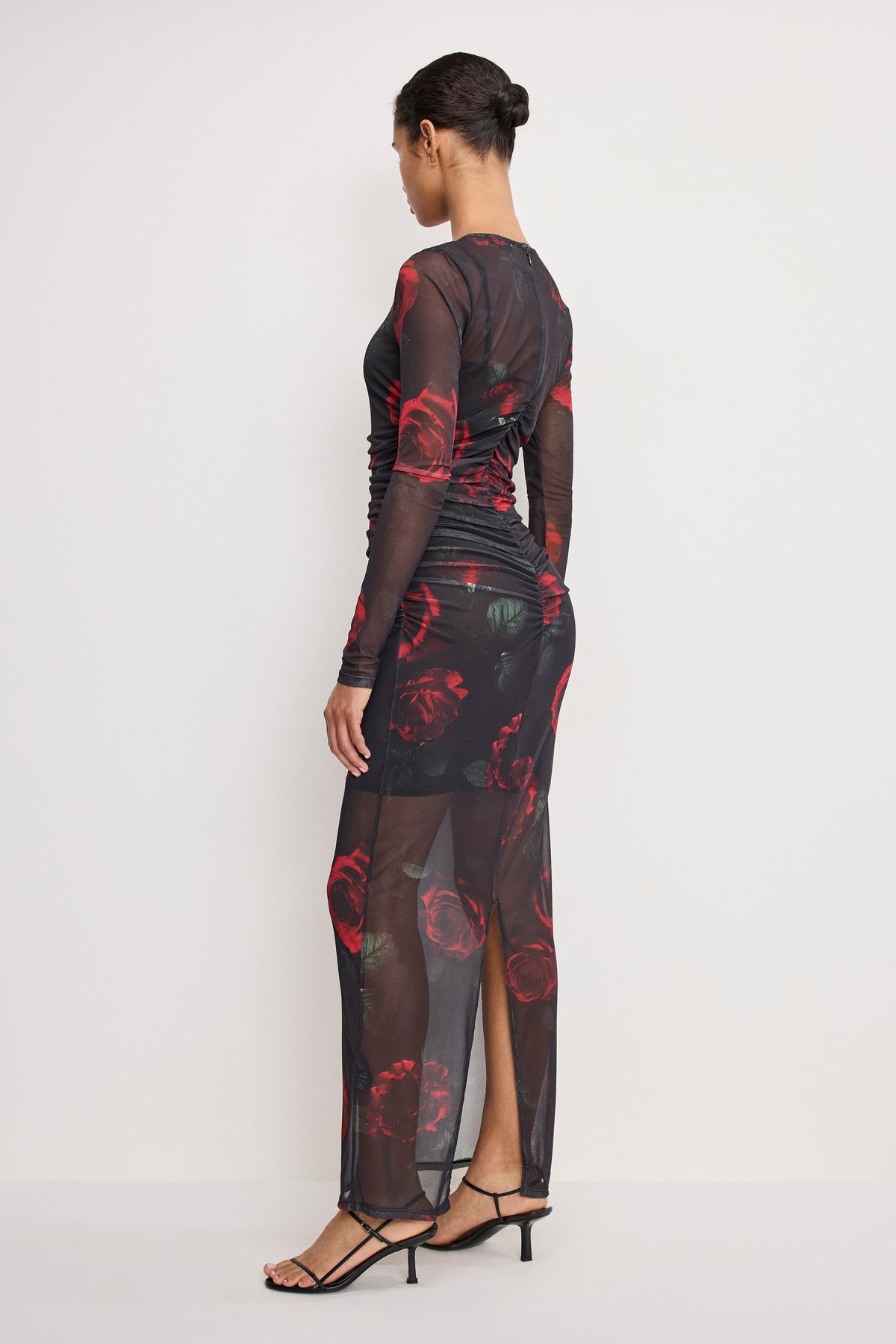Luxury MESH RUCHED MAXI DRESS MOODY RED ROSES001