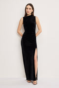 Luxury VELVET HIGH NECK MAXI DRESS BLACK001
