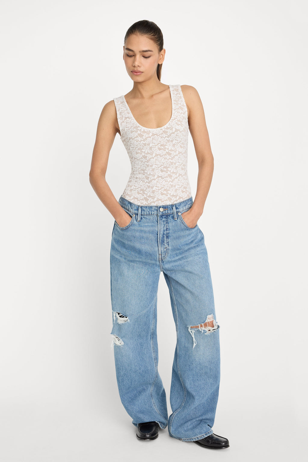 Luxury STRETCH LACE SCOOP TANK BODYSUIT CHALK