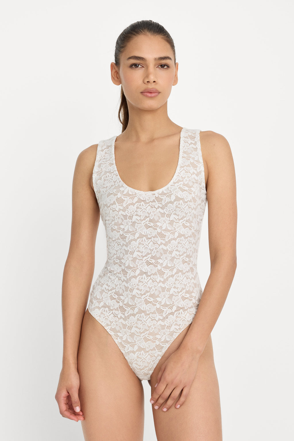Luxury STRETCH LACE SCOOP TANK BODYSUIT CHALK