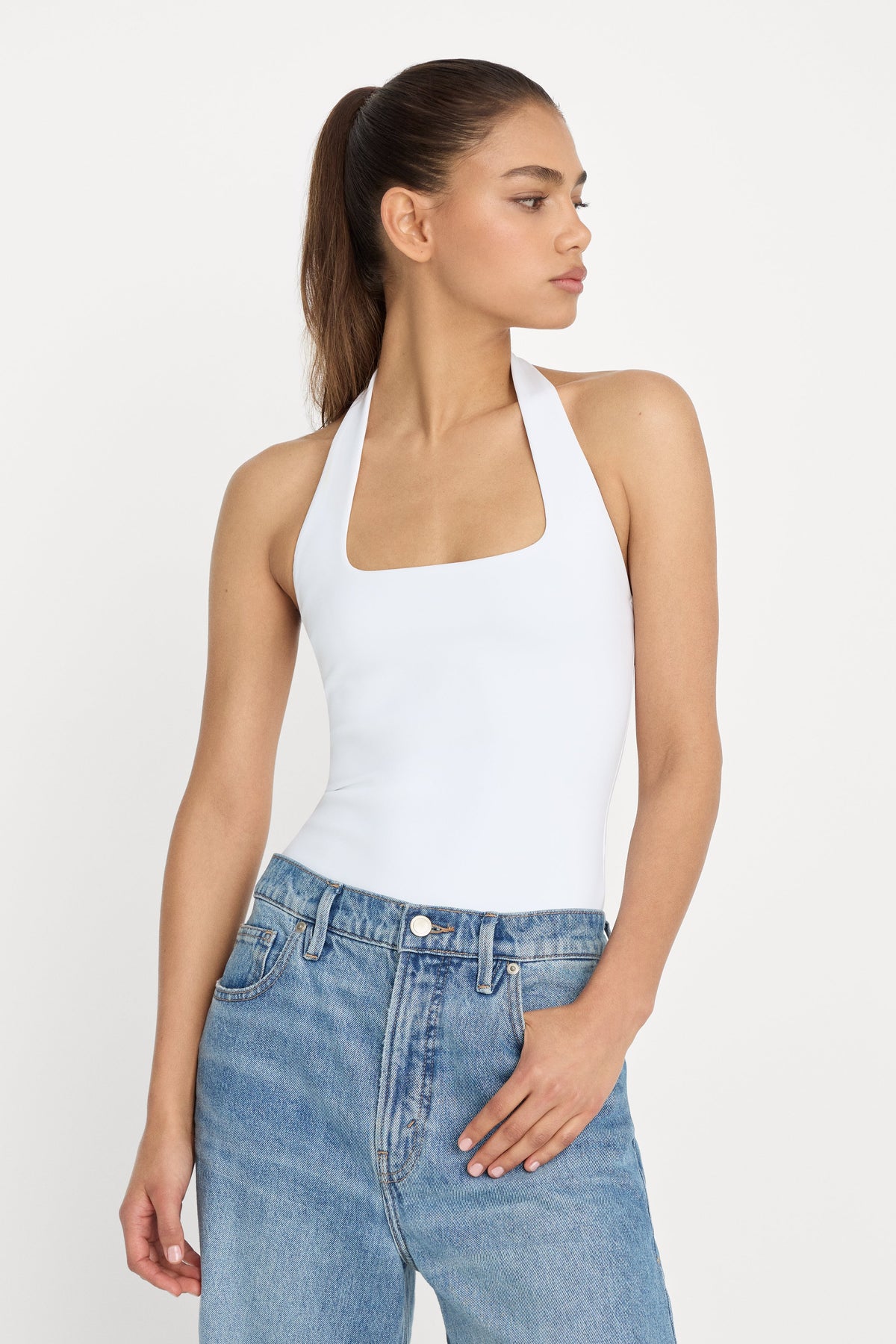 Luxury SCULPTING HALTER SQUARE NECK BODYSUIT WHITE001