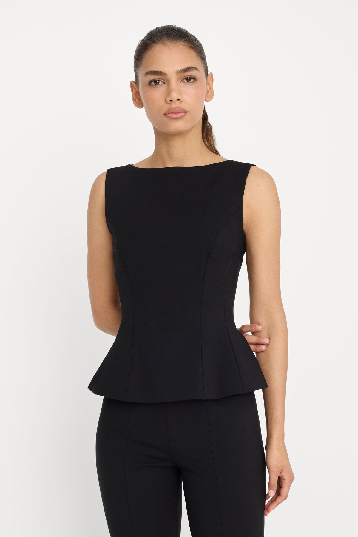 Luxury SOFT STRETCH PONTE STRAIGHT NECK TOP BLACK001