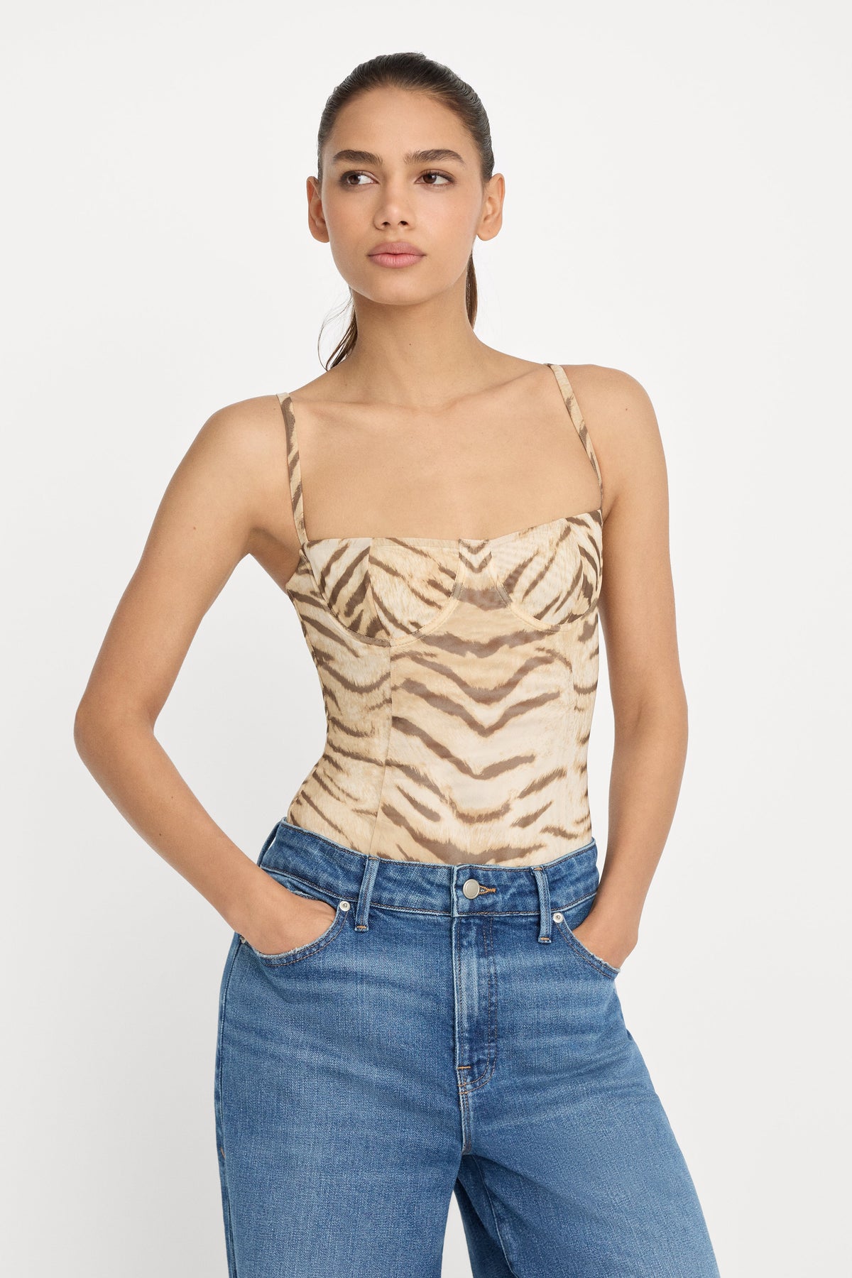 Luxury MESH BUSTIER BODYSUIT BROWN TIGER