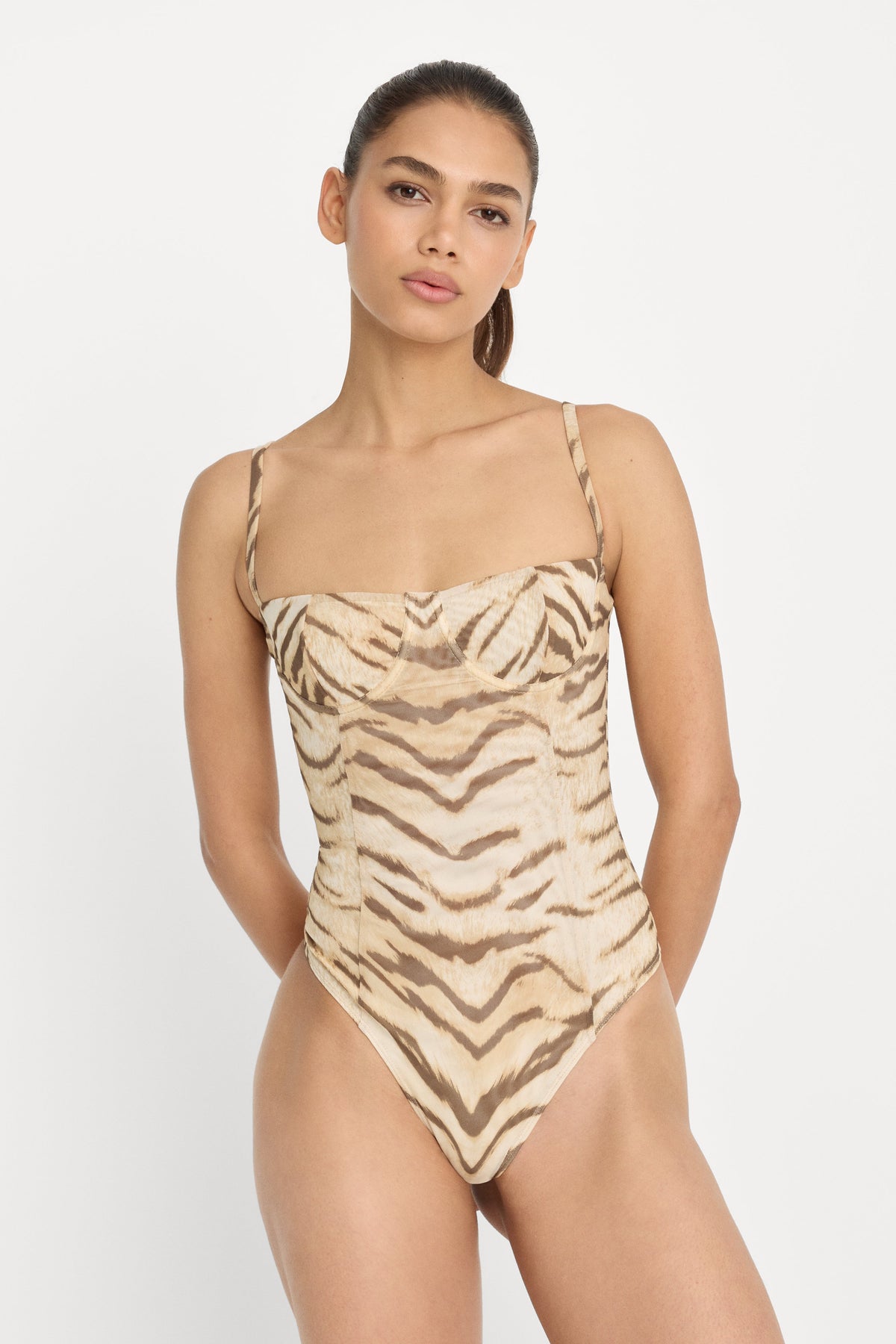 Luxury MESH BUSTIER BODYSUIT BROWN TIGER