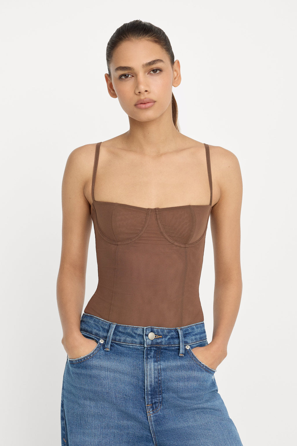 Luxury MESH BUSTIER BODYSUIT SADDLEWOOD