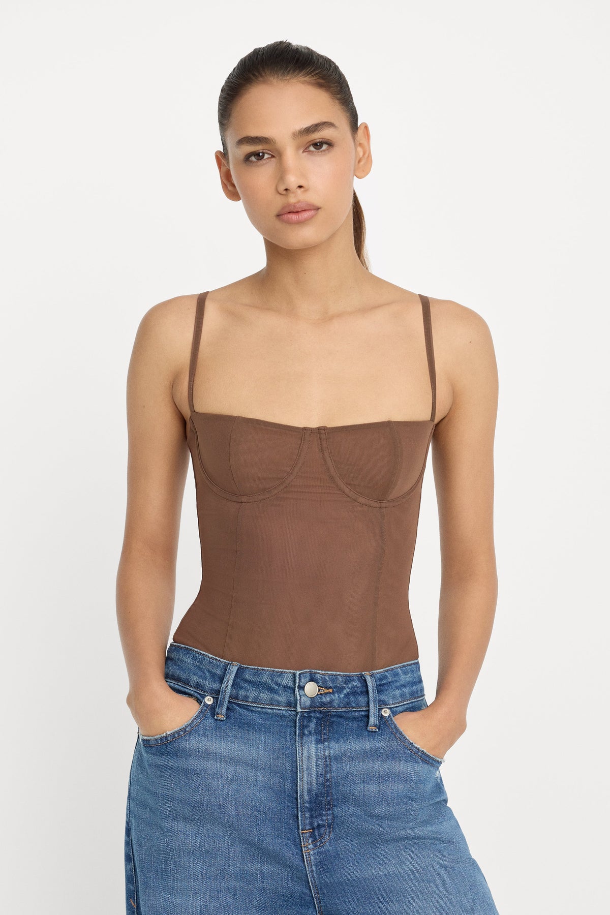 Luxury MESH BUSTIER BODYSUIT SADDLEWOOD