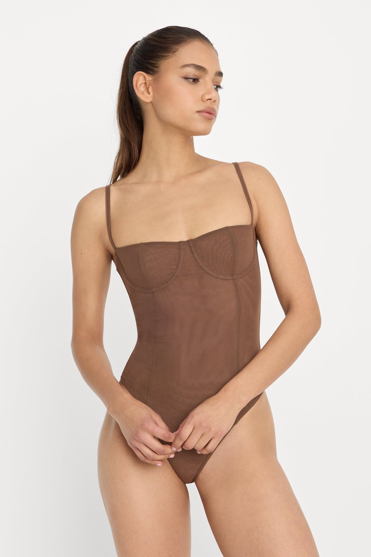 Luxury MESH BUSTIER BODYSUIT SADDLEWOOD
