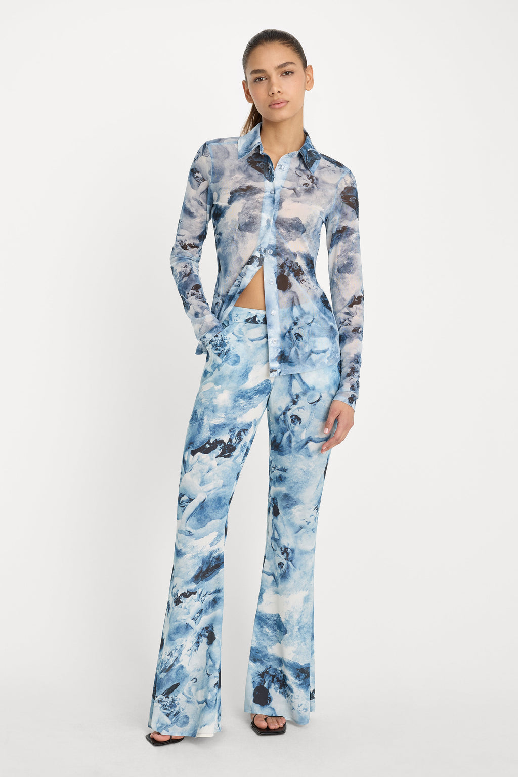 Luxury MESH BUTTON UP TOP BLUE ANGEL PRINT