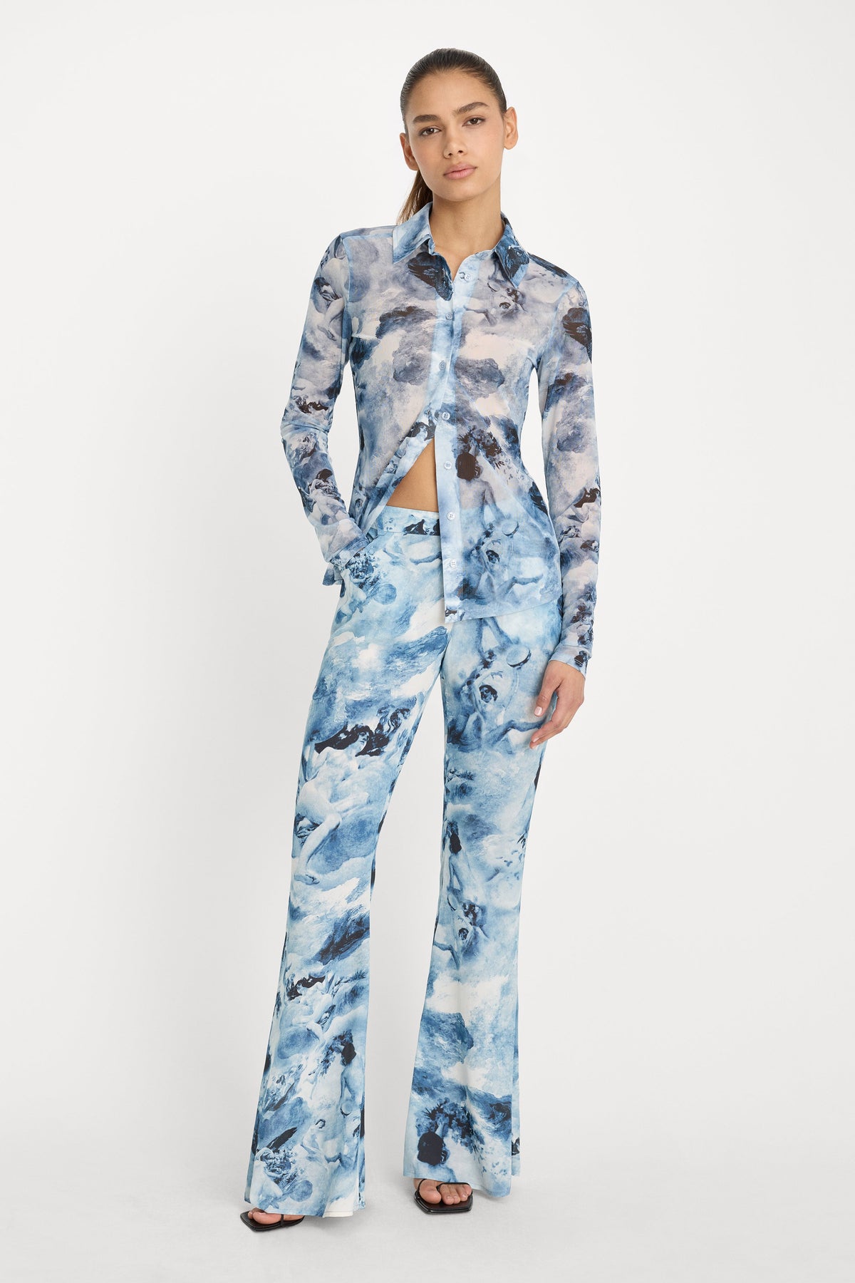 Luxury MESH BUTTON UP TOP BLUE ANGEL PRINT