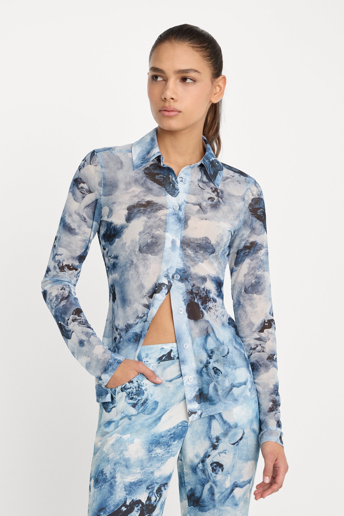 Luxury MESH BUTTON UP TOP BLUE ANGEL PRINT