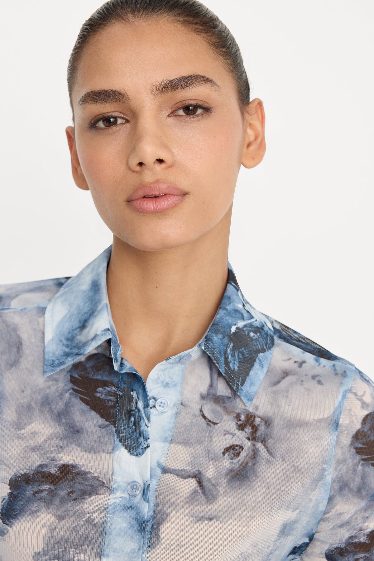 Luxury MESH BUTTON UP TOP BLUE ANGEL PRINT