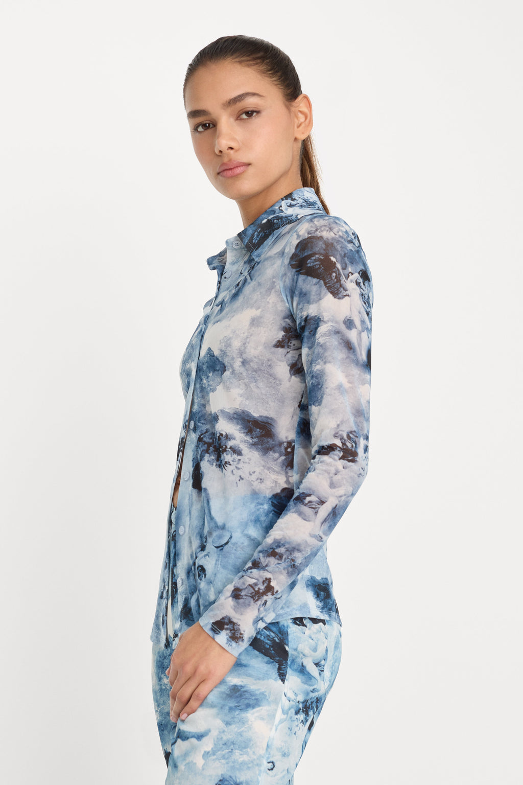 Luxury MESH BUTTON UP TOP BLUE ANGEL PRINT
