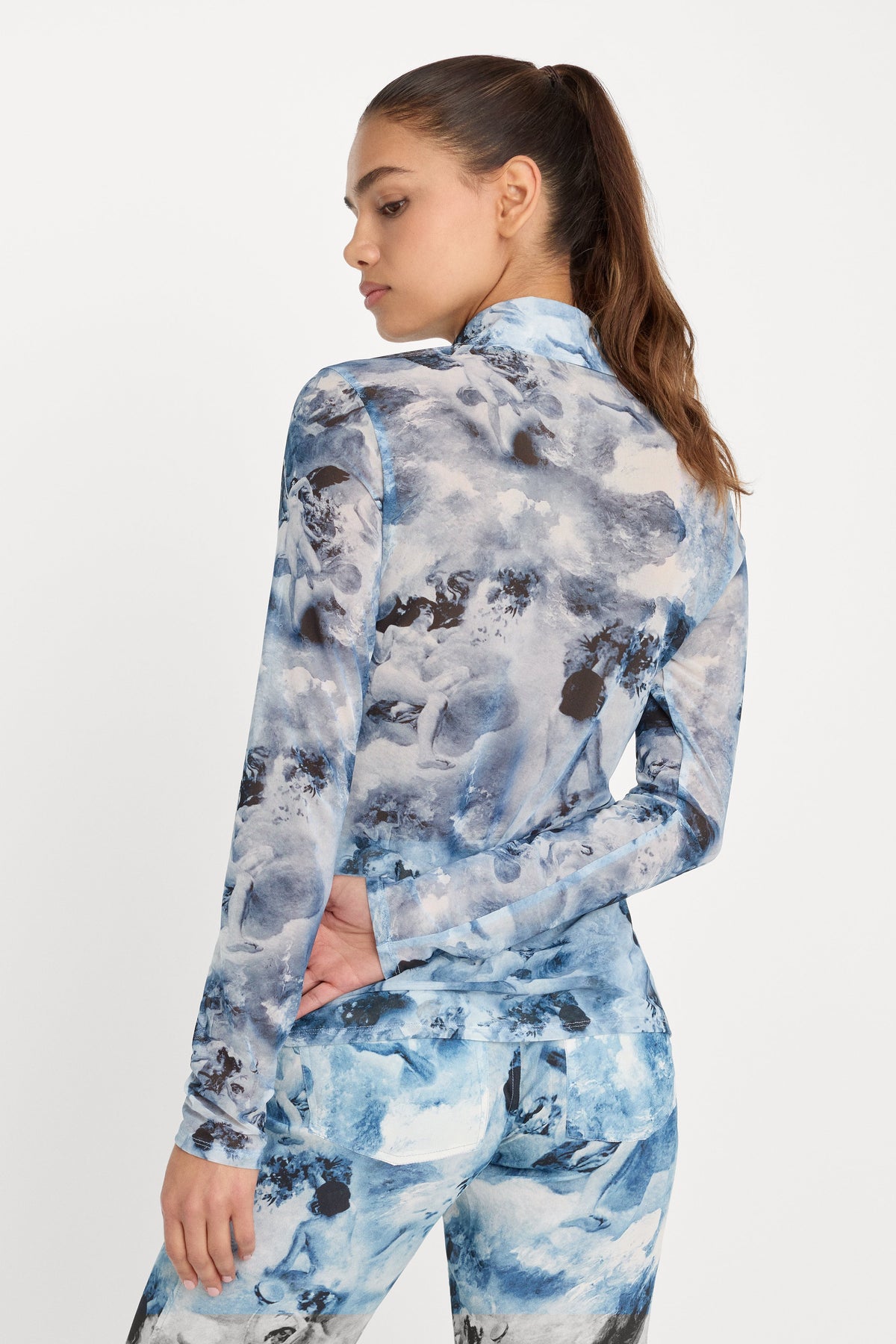 Luxury MESH BUTTON UP TOP BLUE ANGEL PRINT