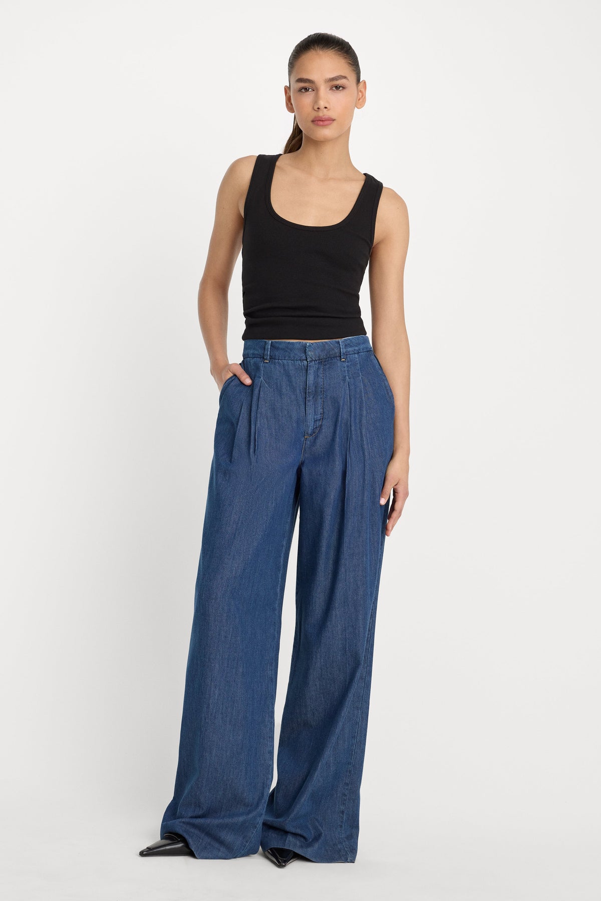 Luxury PLEATED HIGH WAISTED WIDE LEG TROUSER INDIGO1187