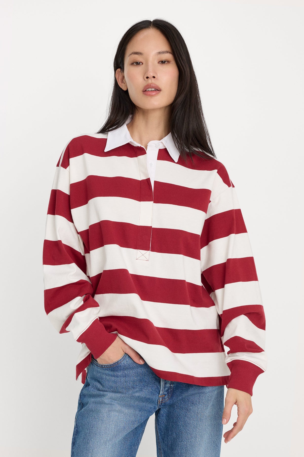 Luxury OVERSIZED RUGBY TEE MERLOT AND CHALK RUGBY STRIPE