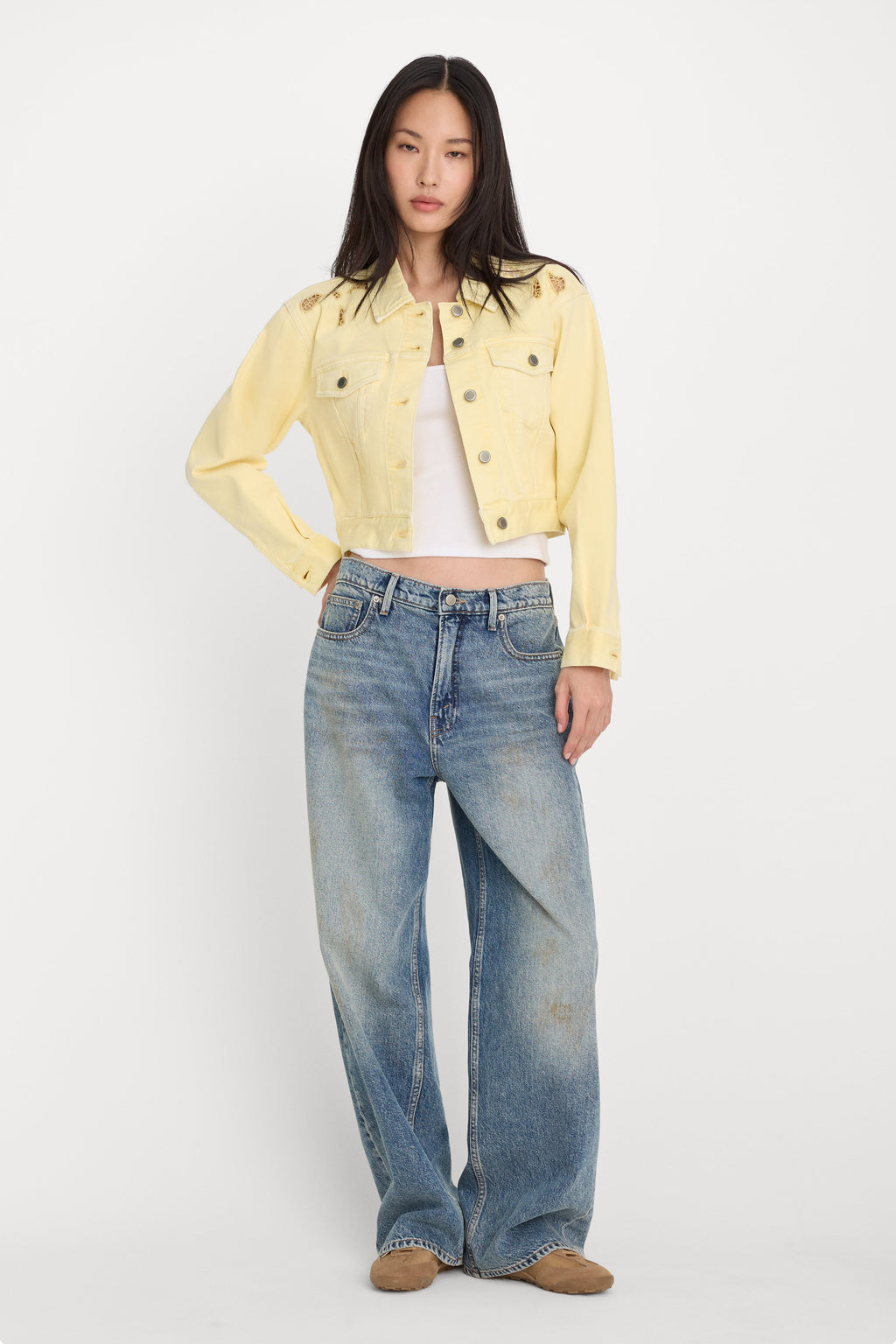 Luxury ESSENTIAL CROP DENIM JACKET EMBROIDERED ANISE YELLOW