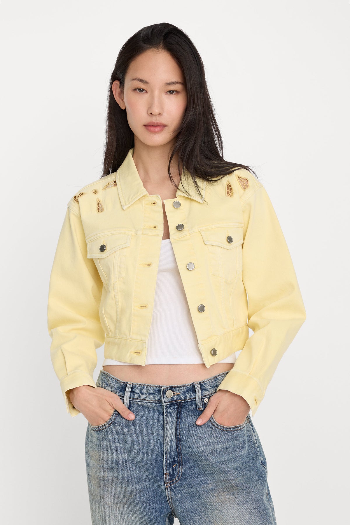 Luxury ESSENTIAL CROP DENIM JACKET EMBROIDERED ANISE YELLOW