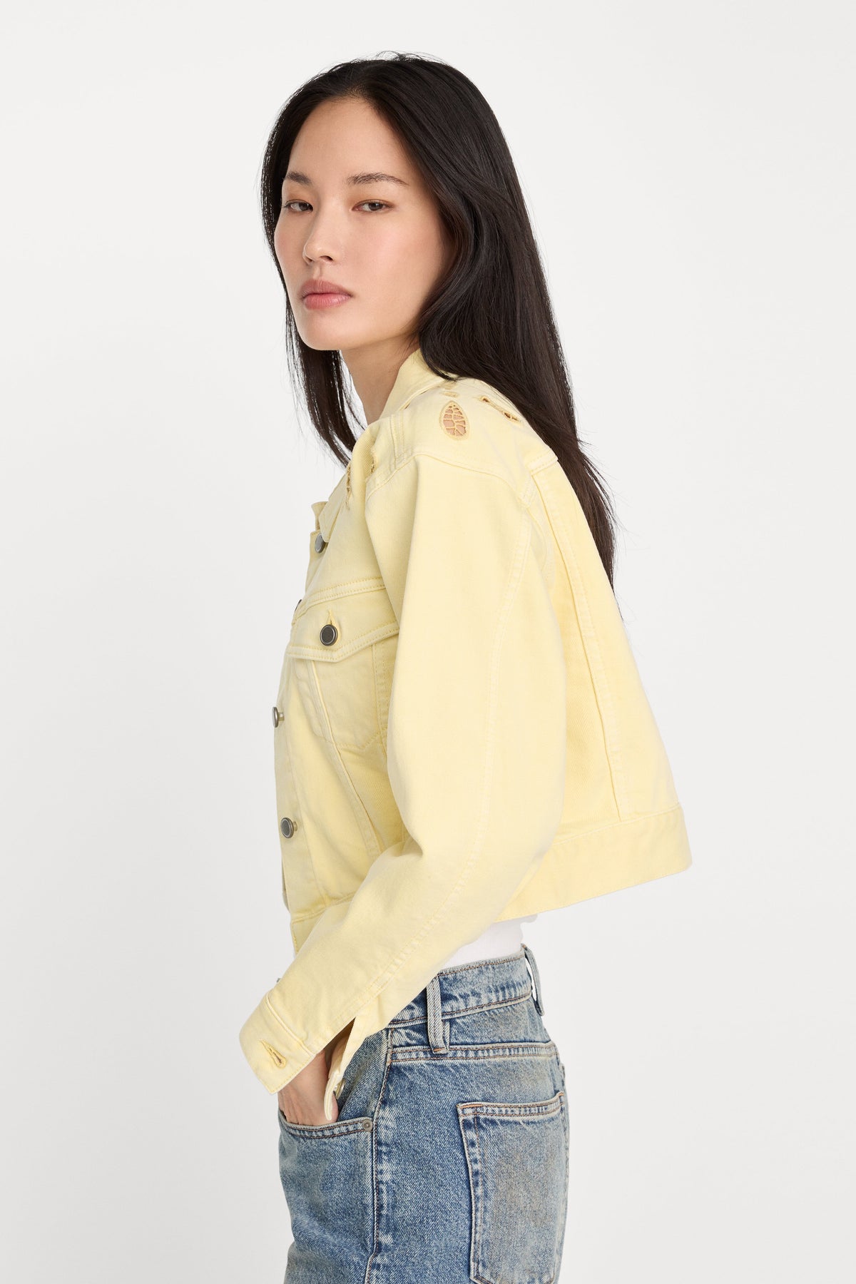 Luxury ESSENTIAL CROP DENIM JACKET EMBROIDERED ANISE YELLOW