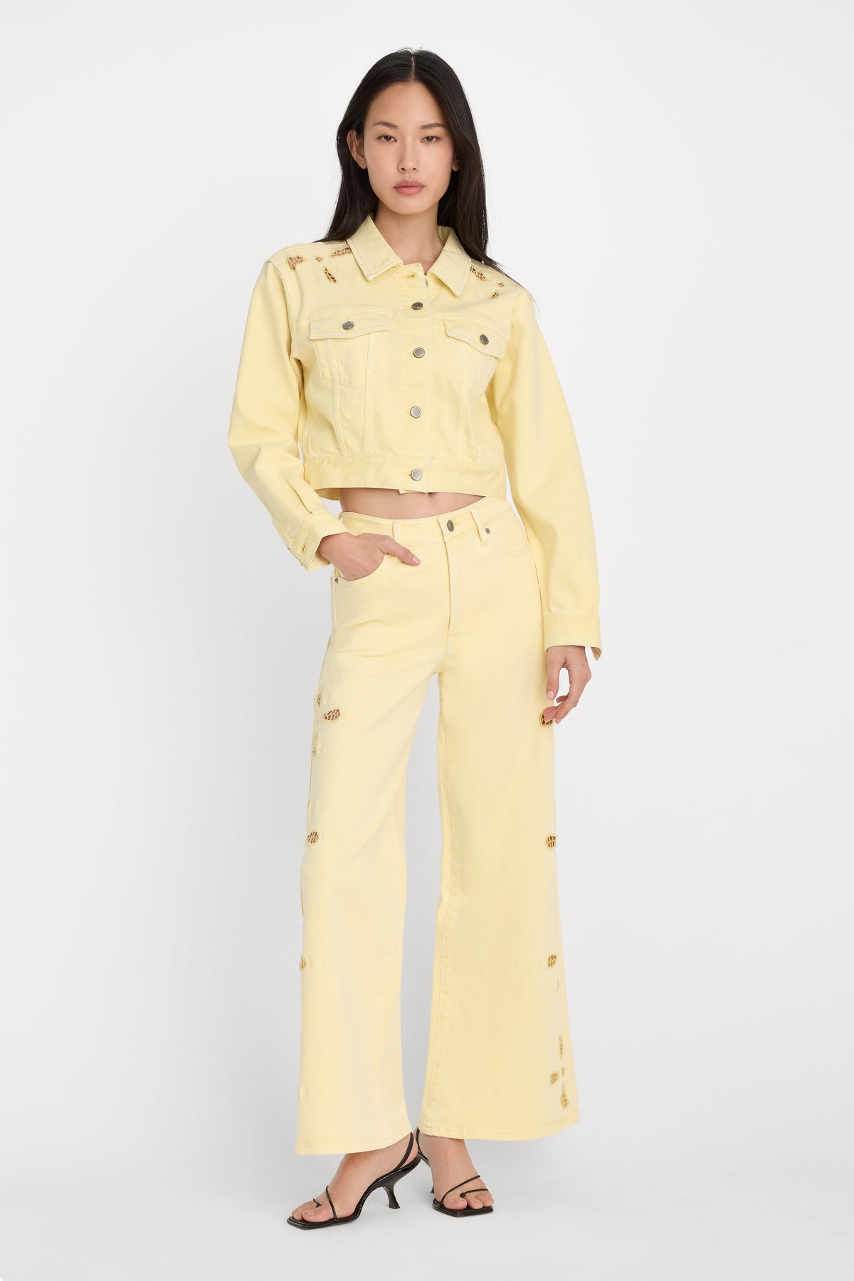 Luxury GOOD WAIST PALAZZO ANKLE EMBROIDERED JEANS ANISE YELLOW