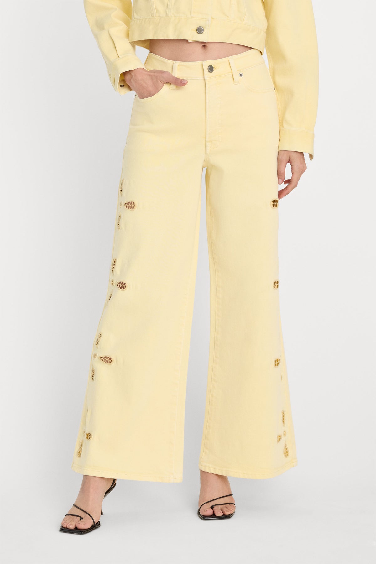 Luxury GOOD WAIST PALAZZO ANKLE EMBROIDERED JEANS ANISE YELLOW