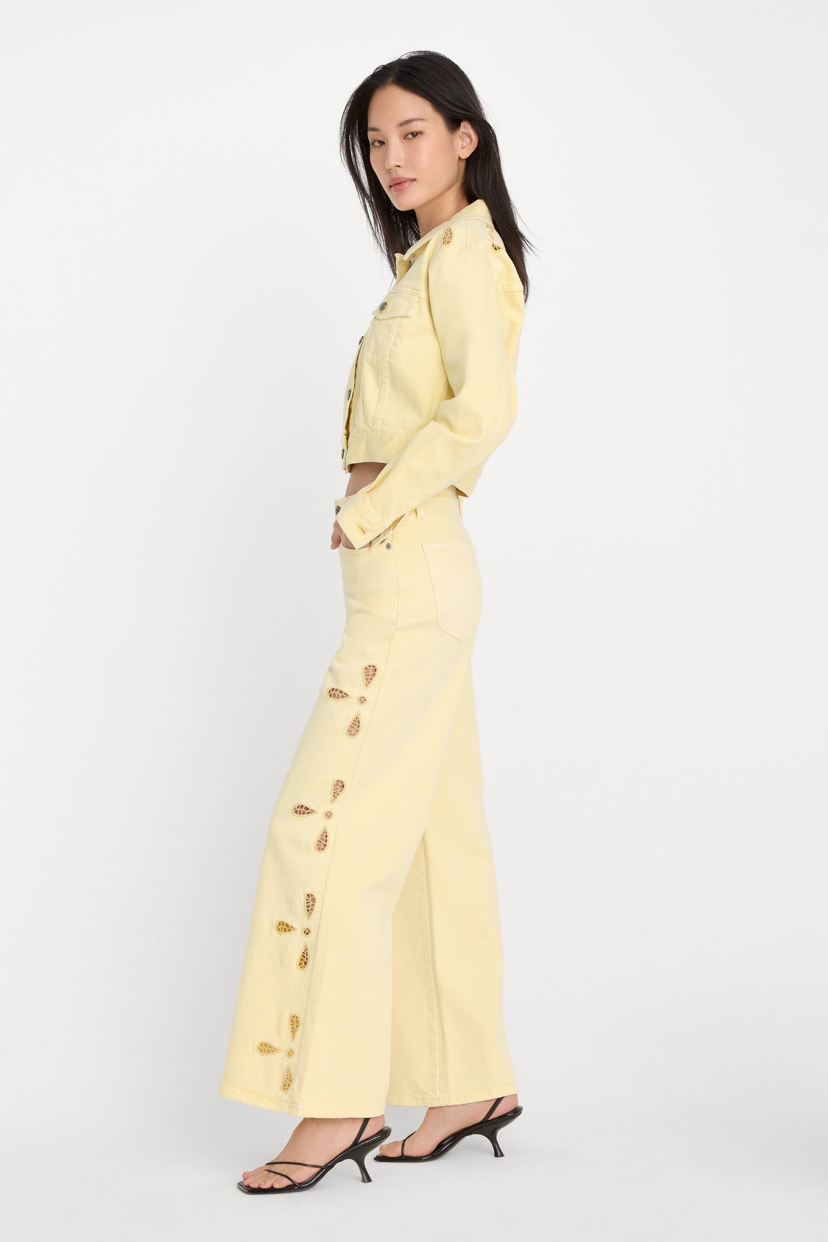 Luxury GOOD WAIST PALAZZO ANKLE EMBROIDERED JEANS ANISE YELLOW