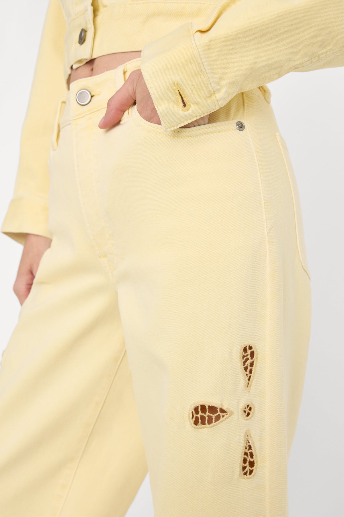 Luxury GOOD WAIST PALAZZO ANKLE EMBROIDERED JEANS ANISE YELLOW