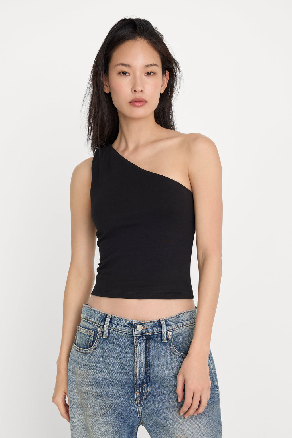 Luxury SUPER STRETCH ONE SHOULDER TANK BLACK001