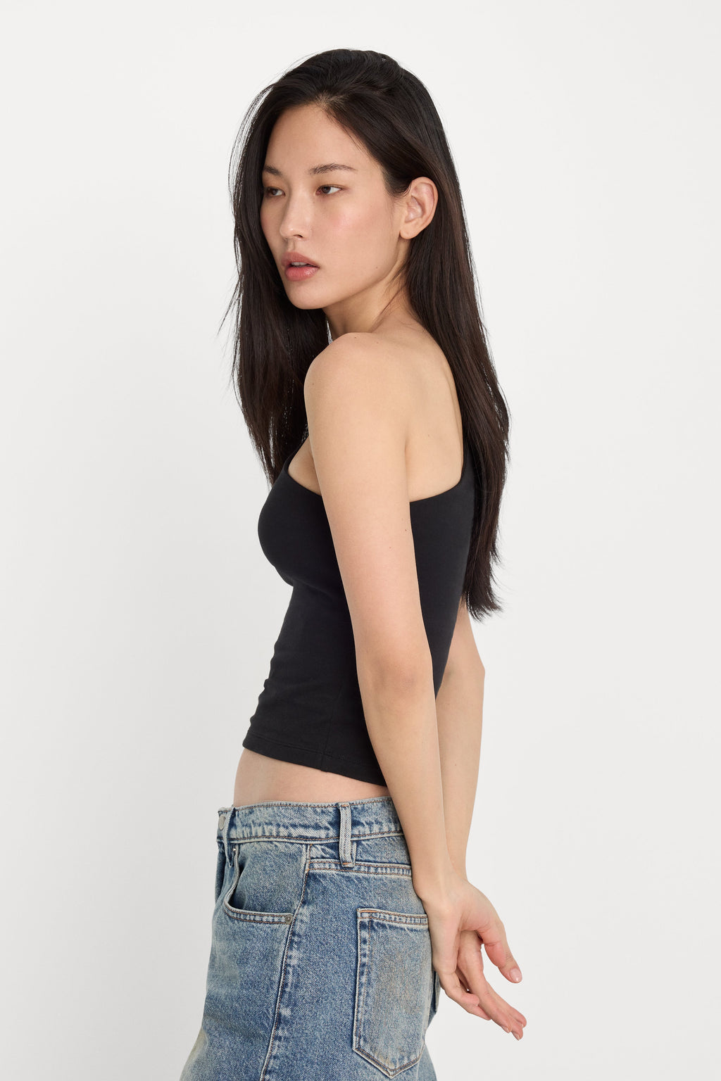 Luxury SUPER STRETCH ONE SHOULDER TANK BLACK001