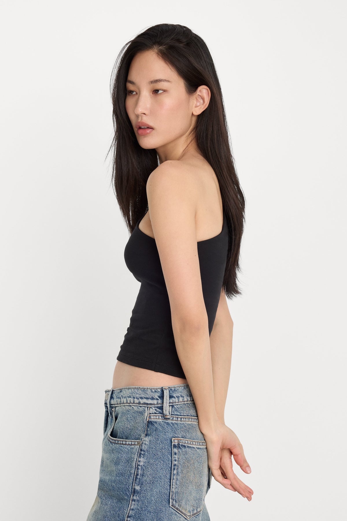 Luxury SUPER STRETCH ONE SHOULDER TANK BLACK001