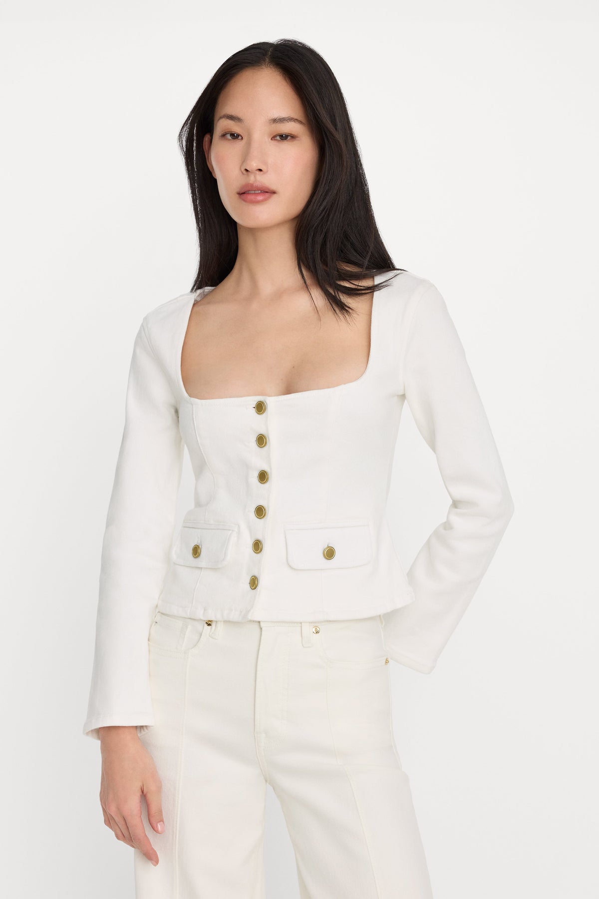 Luxury DENIM FITTED BUTTON FRONT JACKET COTTON WHITE