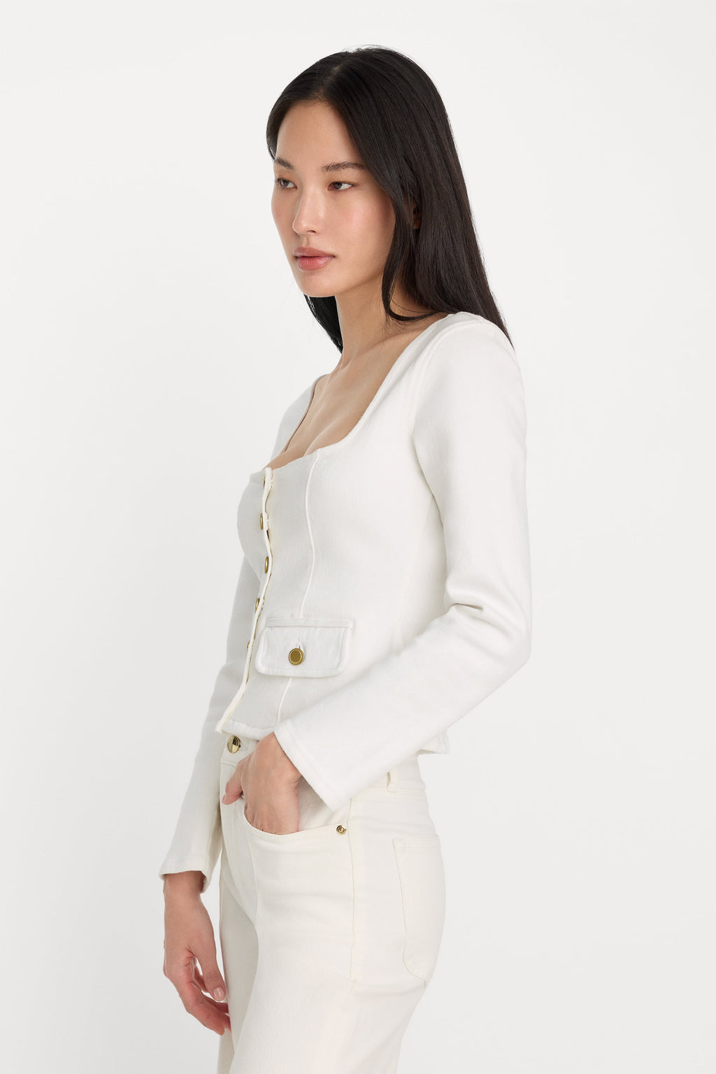 Luxury DENIM FITTED BUTTON FRONT JACKET COTTON WHITE