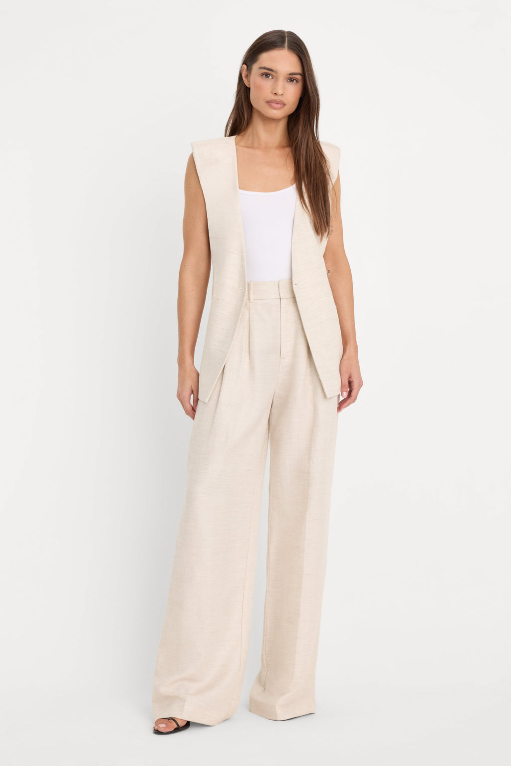 Luxury LINEN SLEEVELESS BELTED VEST OAT