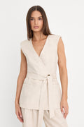 Luxury LINEN SLEEVELESS BELTED VEST OAT