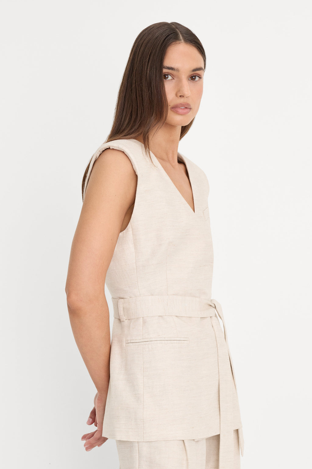 Luxury LINEN SLEEVELESS BELTED VEST OAT