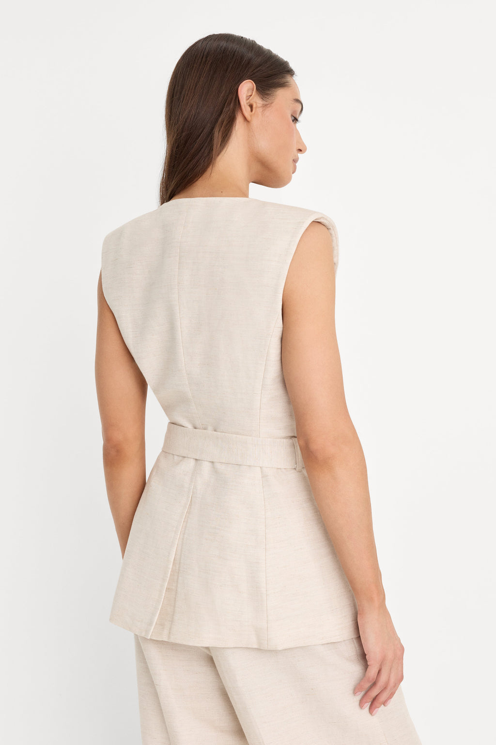 Luxury LINEN SLEEVELESS BELTED VEST OAT