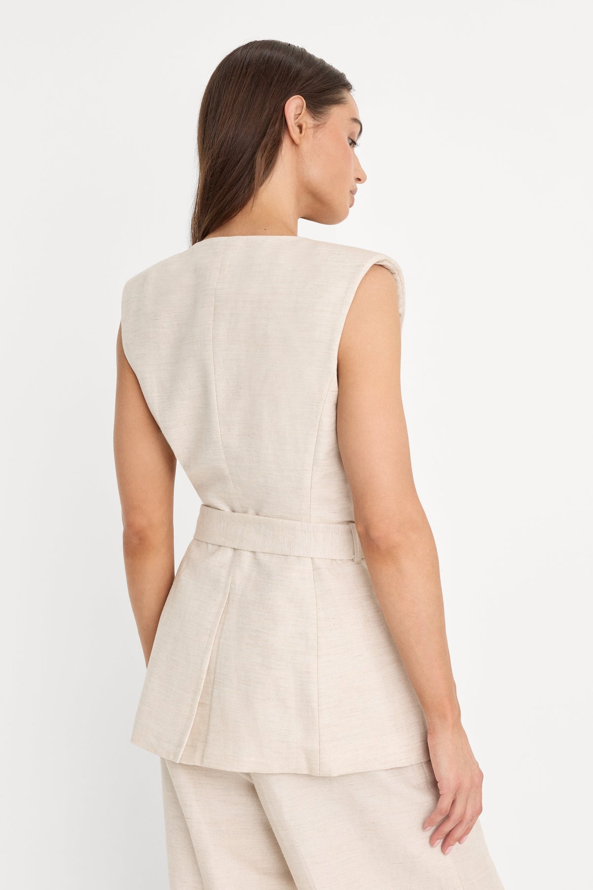 Luxury LINEN SLEEVELESS BELTED VEST OAT