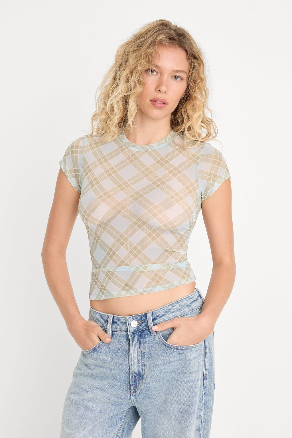 Luxury THE MESH BABY TEE SUMMER PLAID HONEY