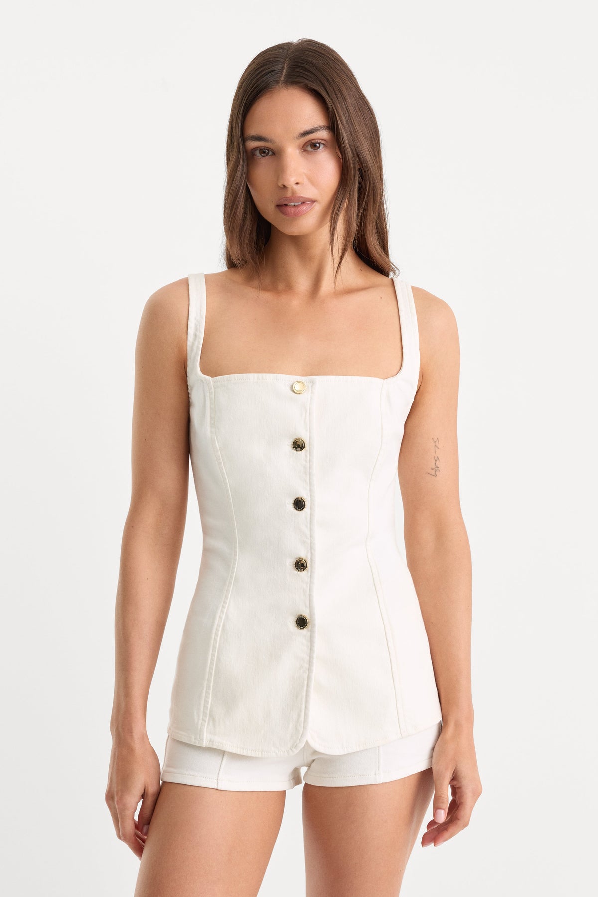 Luxury SLEEVELESS DENIM BUTTON FRONT TOP COTTON WHITE