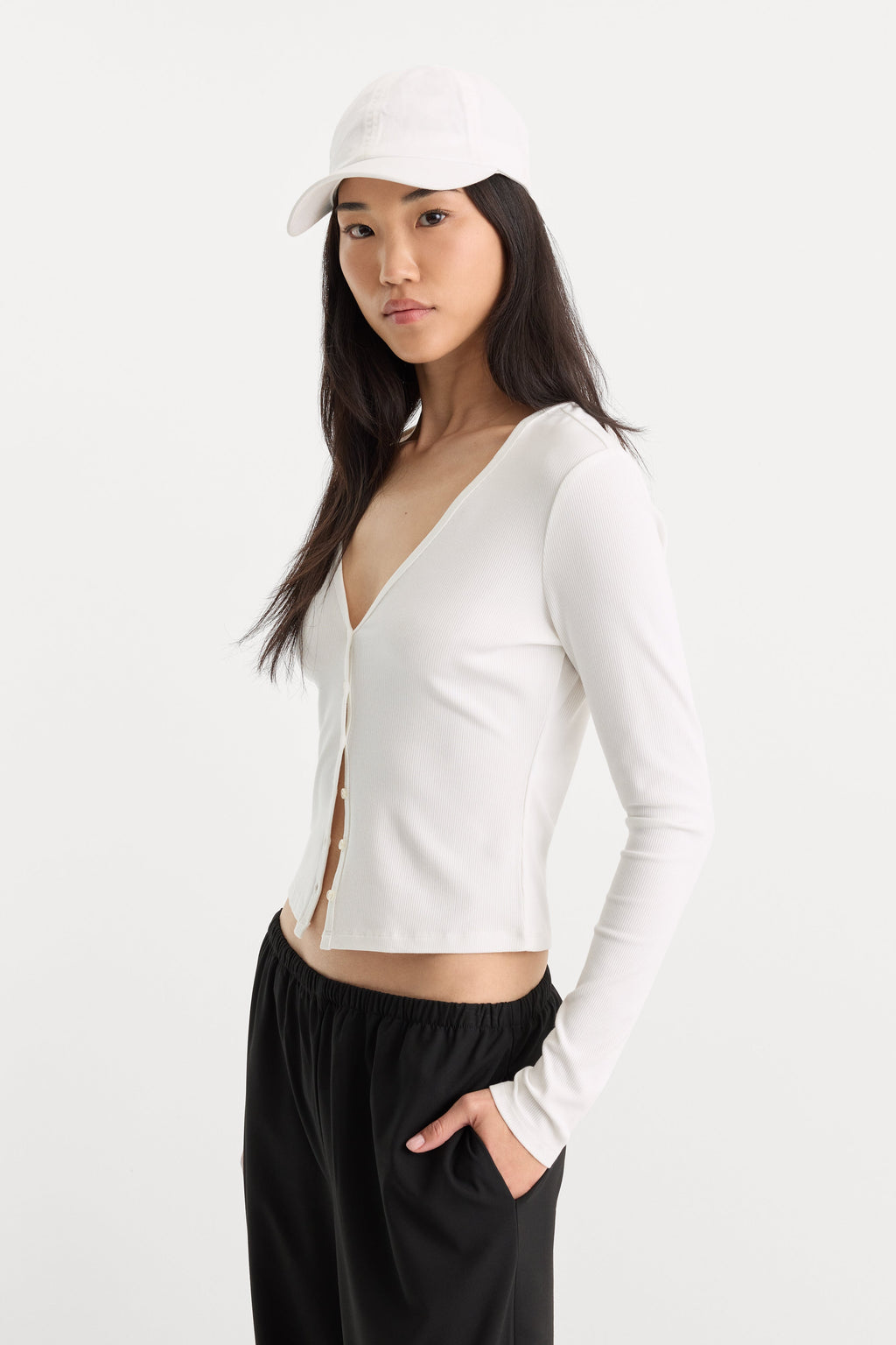Luxury THE RIB V NECK CARDIGAN CHALK