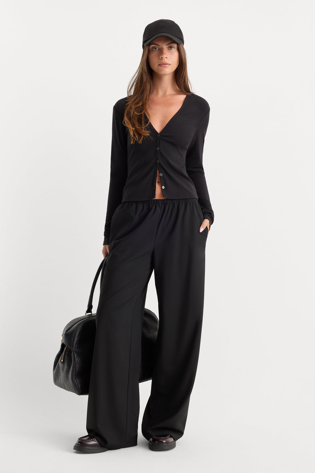 Luxury THE RIB V NECK CARDIGAN BLACK