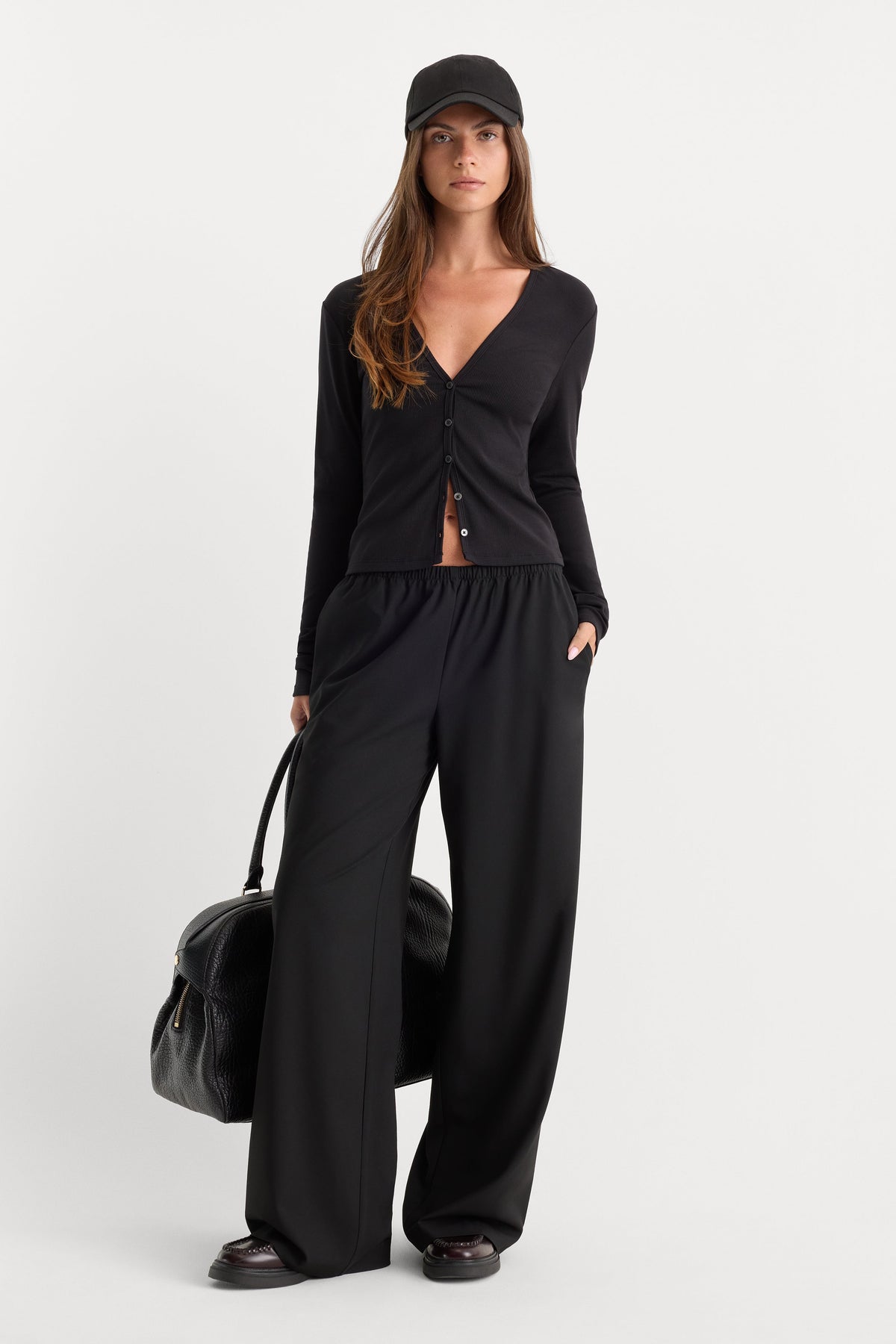 Luxury THE RIB V NECK CARDIGAN BLACK