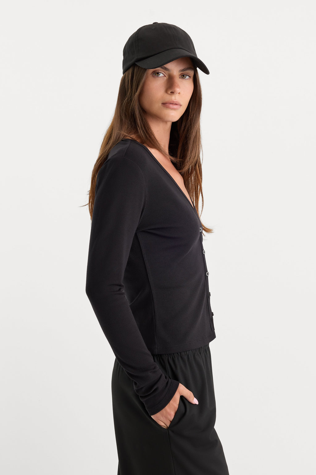 Luxury THE RIB V NECK CARDIGAN BLACK
