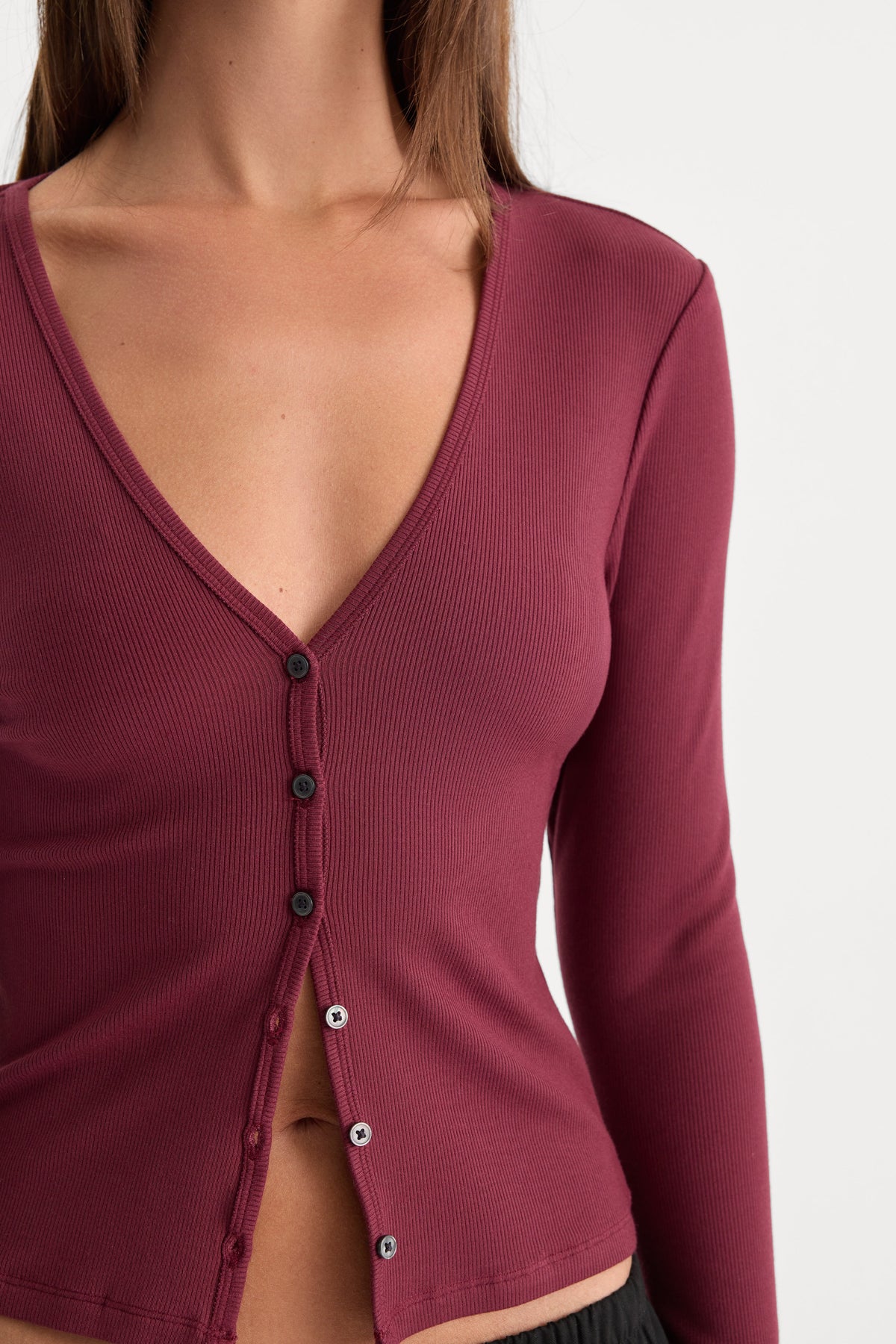 Luxury THE RIB V NECK CARDIGAN BERRY NOIR