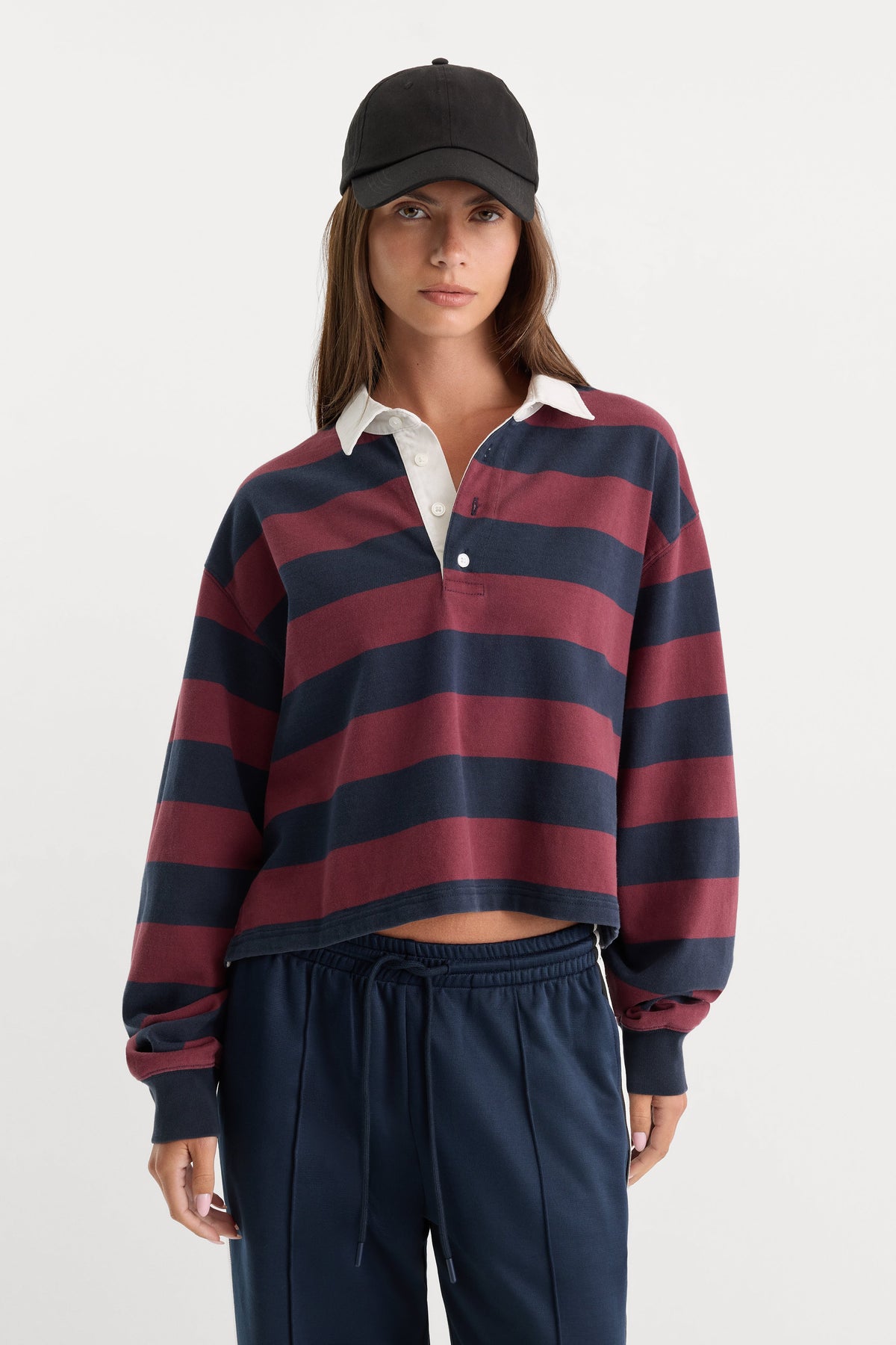 Luxury THE CROPPED RUGBY POLO NAVY BERRY NOIR BLOCK STRIPE