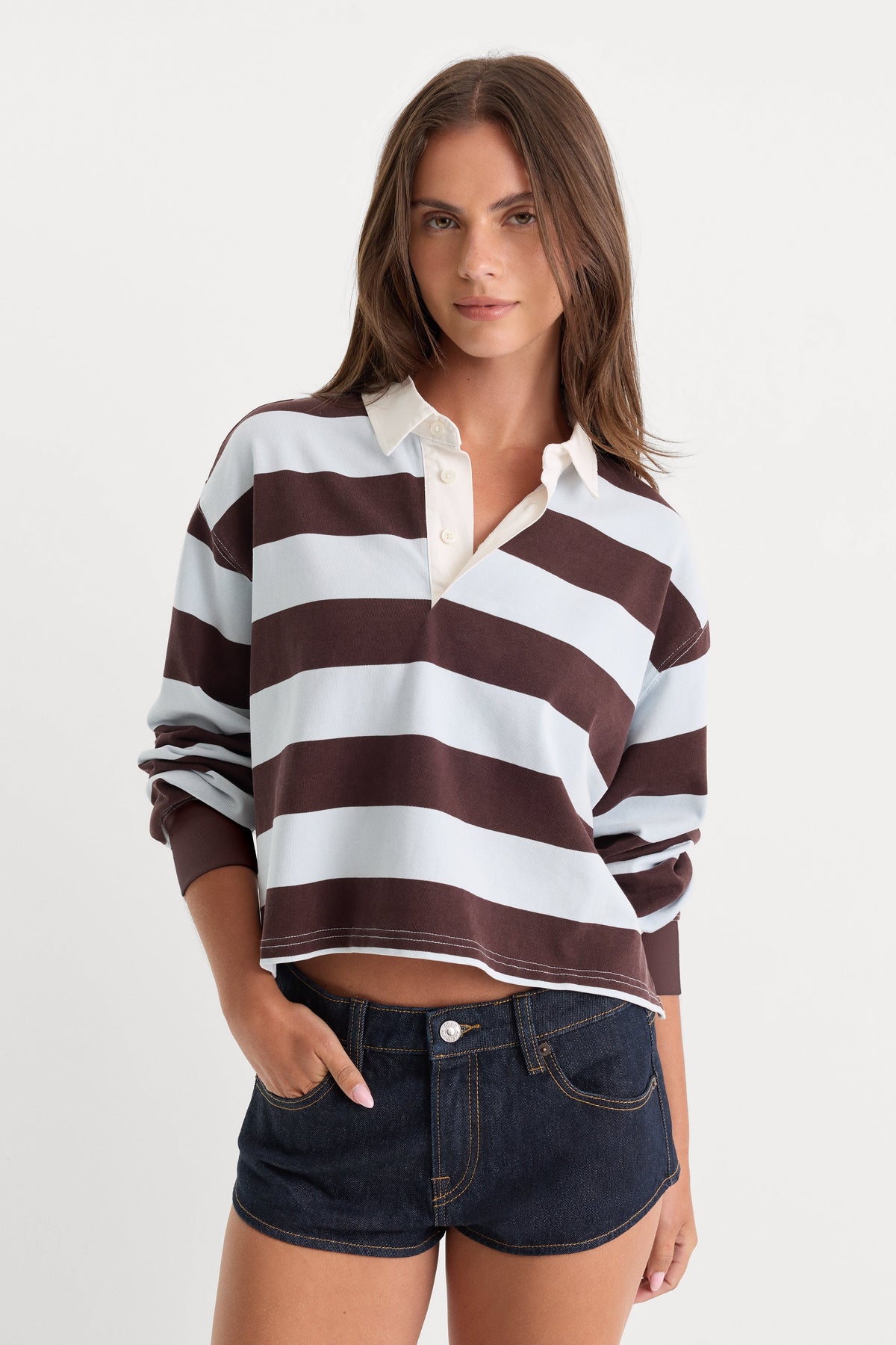 Luxury THE CROPPED RUGBY POLO ESPRESSO SKY BLOCK STRIPE