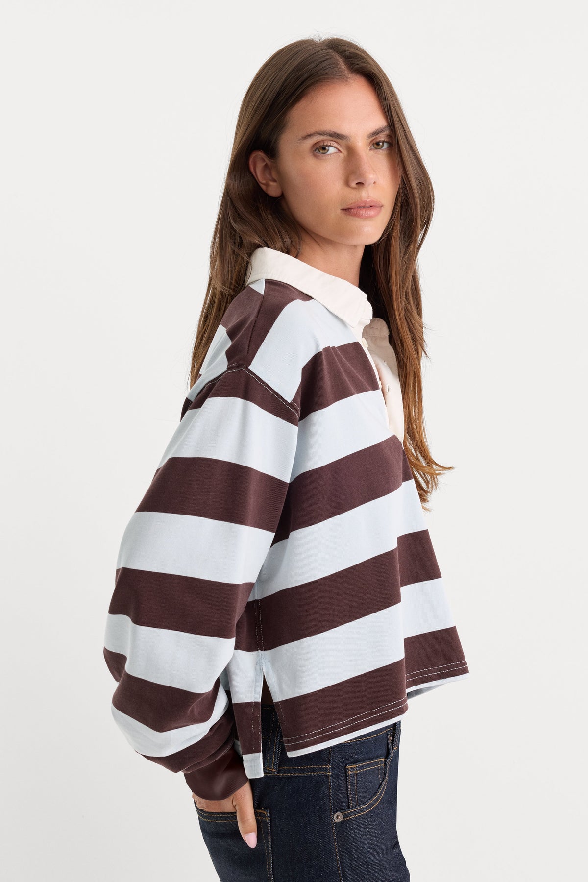 Luxury THE CROPPED RUGBY POLO ESPRESSO SKY BLOCK STRIPE