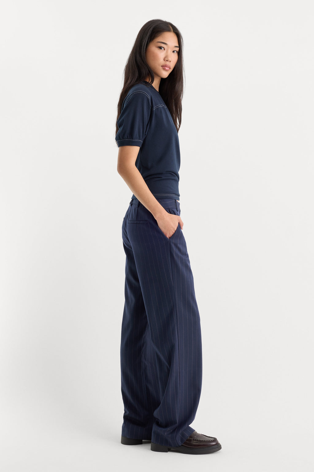 Luxury THE LOW RISE STRAIGHT LEG TROUSER NAVY PINSTRIPE